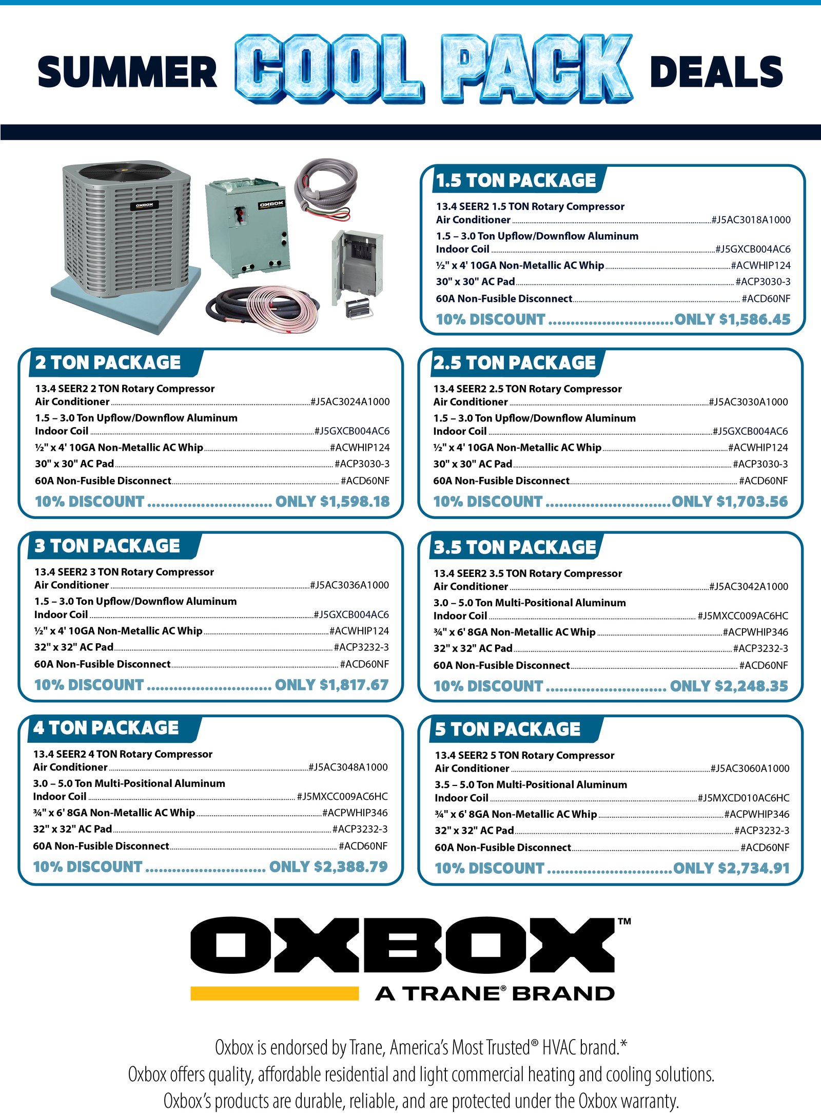 Summer Cool Pack Deals - Oxbox HVAC package deals from 1.5 to 5 ton, linesets, accessories, warranty, and Wells Fargo financing